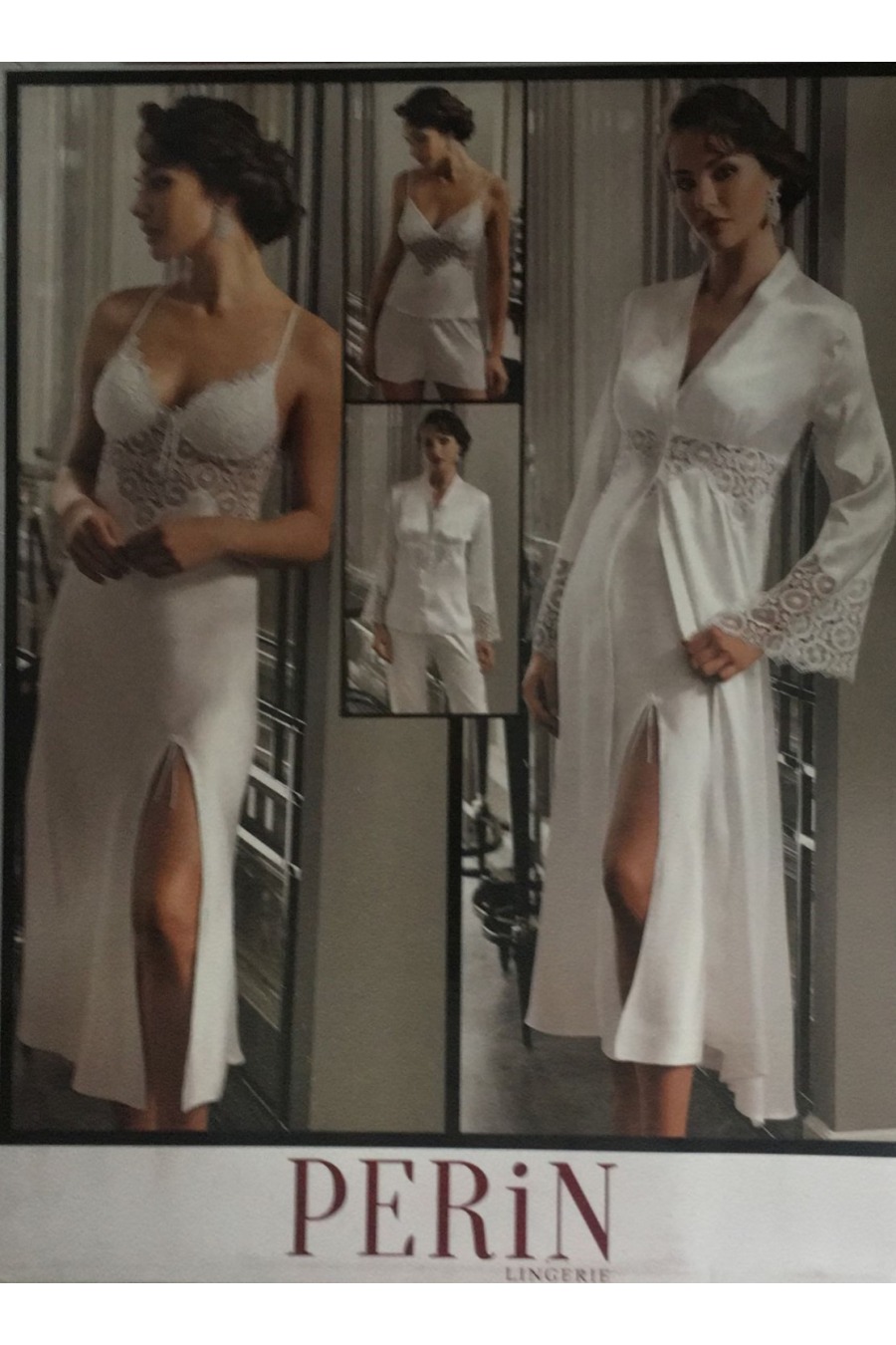 Perin Beyaz Saten Sabahlıklı Gecelik Takımı